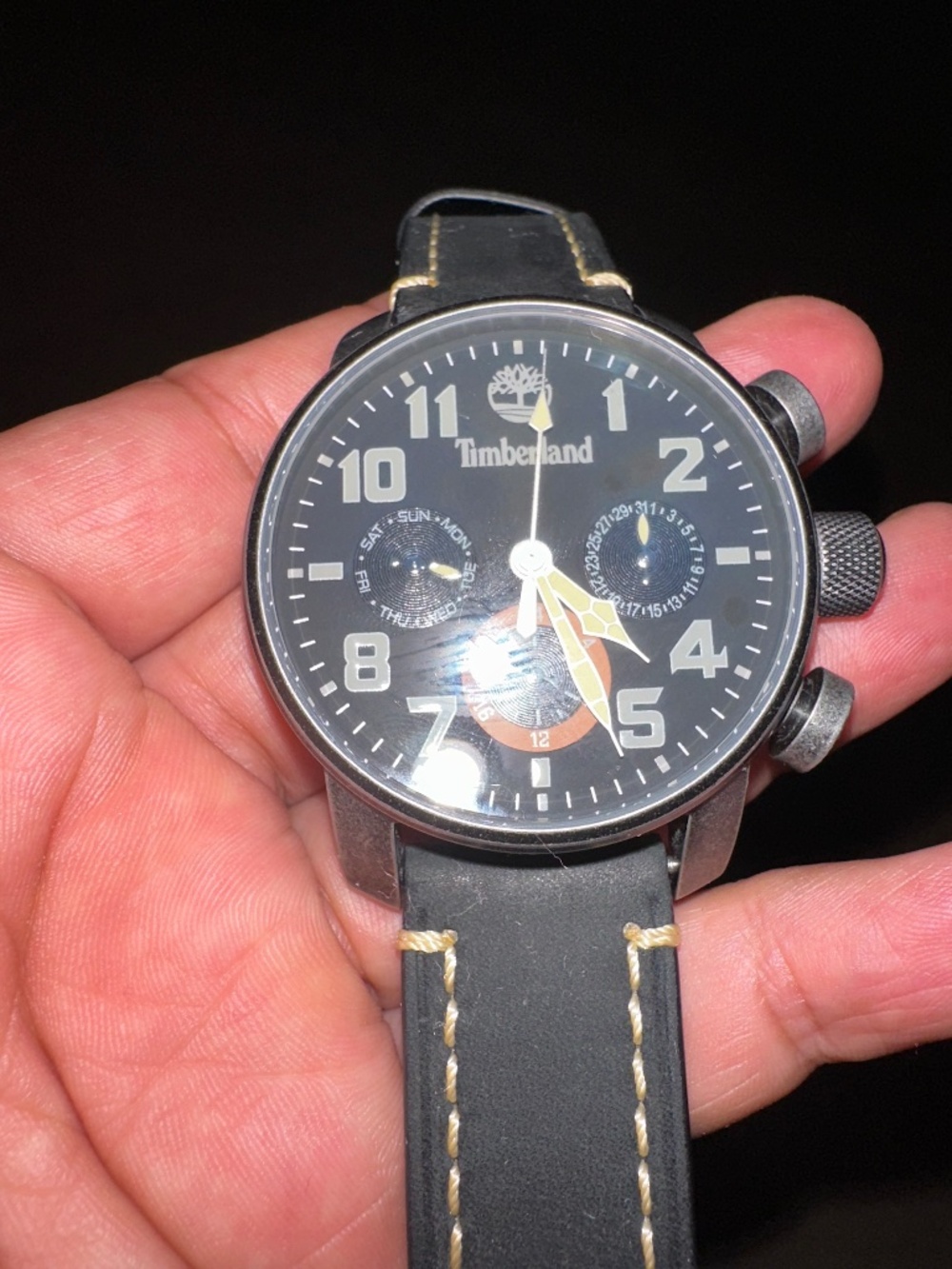 Timberland 14783J Men’s Quartz Watch 45mm Black Dial Leather Strap Stainless Ste